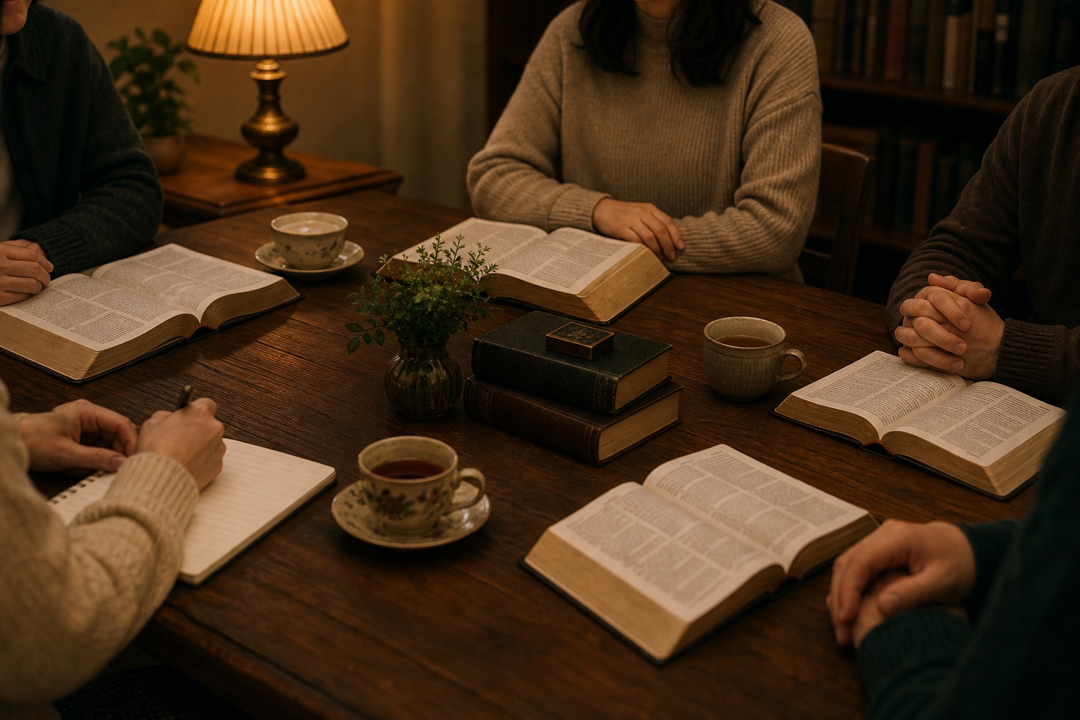 Small group Bible study around a table